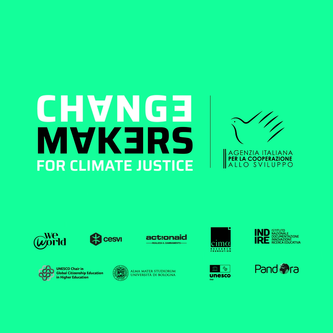 Changemakers for Climate Justice — loghi partner: WeWorld, Cesvi, ActionAid, CIMA, INDIRE, UNESCO, Alma Mater Studiorum, Pandora